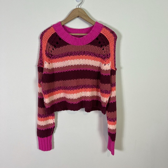 Free People Fuchsia Rose Combo Devon Open Knit Cropped Sweater Women X Small New - Picture 4 of 6
